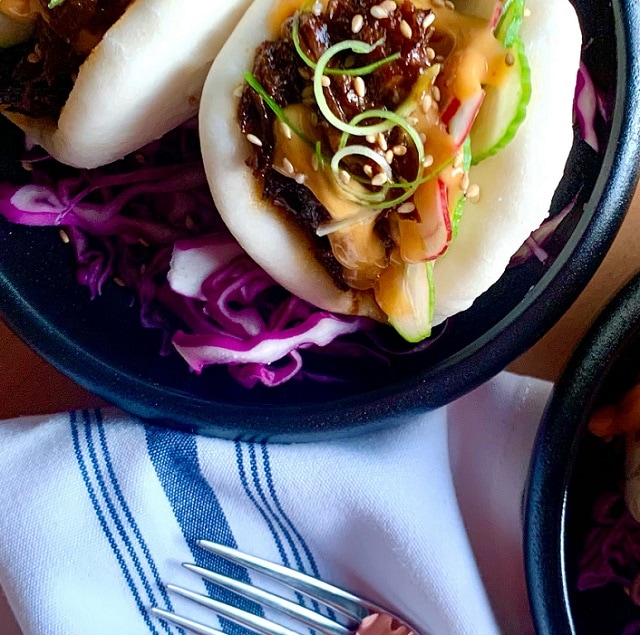 BBQ Beef Bao with Lime Marinated Cucumbers and Spicy Mayo